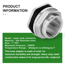 TAISHER 2PCS 304 Stainless Steel 1/2'' FPT Bulkhead Tank Connector Adapter Fitting with Gasket for Water Tank, Bathtub and Sink