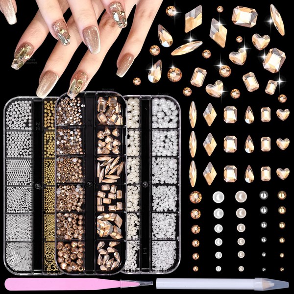 3 Boxes Champagne Gold Nail Rhinestones, White Beige Flatback Pearls