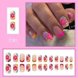 Flower Press on Nails Short Square French Fake Nails Acrylic Artificial Full Cover Spring False Nails with Multicolor Floral Designs Glue on Nails Beautiful Nails for Women Decoration 24Pcs