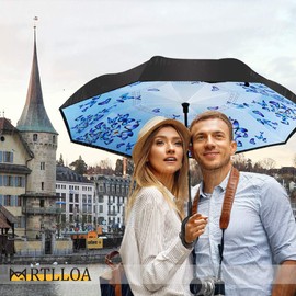 MRTLLOA 40/49/56 Inch Oversize Windproof Inverted Reverse Upside Down Umbrella, Golf Size Rain Umbrella, Double Layer, C-Shaped Handle for Men, Women and Kids (Orchid Butterfly, 49 Inch)