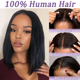 Glueless Wigs Human Hair Pre Plucked Pre Cut Wear and Go Straight Bob Wigs 4x4 Lace Closure Wigs 180% Density Short Human Hair Wigs for Black Women (Glueless Wig, 12inch)
