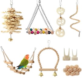 Bird Toys, 18-Piece Set, Bird Toys, Parakeet, Chew Toy, Combination, Hanging, Natural Wood Playground, Stress, Wisteria Swing with Bell Hammock, Rap Bridge, Rotating Ladder, Chewing Toy, Fruit,