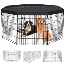 Dog Pen Pet Playpen Dog Fence Indoor Foldable Metal Wire Exercise Puppy Play Yard Pet Enclosure Indoor Outdoor 8 Panels 30 Inch with Bottom Pad/Top Cover(Black 30 top Cover)