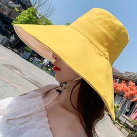 NEWKIBOU Sombrero de Sol para Mujer de Ala Ancha UPF 50+ Anti-UV de Verano para Playa con Cordón Antitanque (Doble Cara Amarilla)