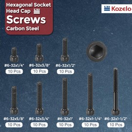 Kozelo 80pcs #6-32 Socket Head Cap Screws Bolts Nuts Assortment Kit - [#6-32x3/8 to 1-1/2"] Alloy Steel Fully Threaded Black Oxide 12.9 Internal Hex Screw for 3D Printer Use