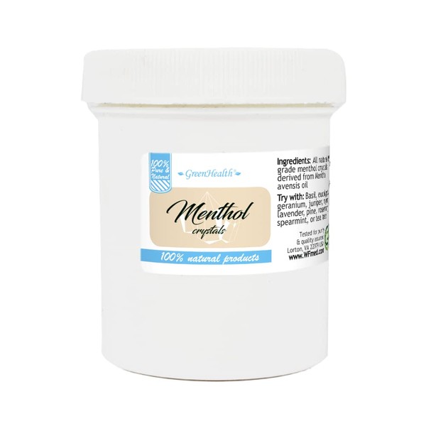 Menthol Crystals 4 OZ in a White Plastic jar (by Greenhealth) (Melting Point is Approximately 95 to 107 Degrees F)