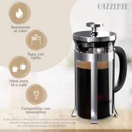 Cazzenie Prensa Francesa de Vidrio con acabado cromado para preparar café o tisana. Cafetera Francesa Briztol disponible en 350 ml (1 Taza), 600 ml (2 Tazas) y 1 lt (3 Tazas). French press. (1 Lt)