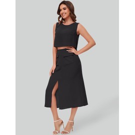 ROYLAMP Women's 2 Piece Outfits Skirt Set Round Neck Crop Top and Split Long Skirt Elegant Casual Matching Set with Pockets Black S