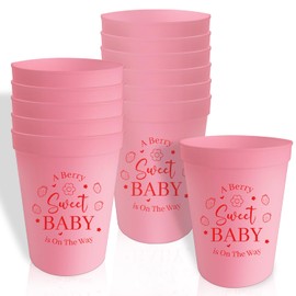 Usumz Berry Sweet Baby Plastic Cups, 16oz Pink Strawberry 1st Birthday Reusable Cups, A Berry Sweet Baby Is on the Way Decorations Drinkware, Strawberry Shortcake Baby Shower Birthday Supplies 12 Pcs