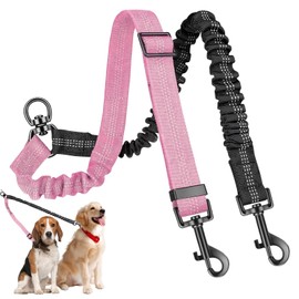 Double Dog Lead,Double Lead for 2 Dogs,Adjustable Dual Dog Leads,Shock Absorbing Bungee No Tangle Leash for 2 Dogs(Pink Black)