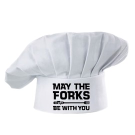 Hyzrz Funny Chef Hat -May The Forks Be with You- Adjustable BBQ Grill Cooking Hat for Men Women Dad Mon Gift (White)