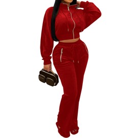 Adogirl Women 2 Piece Outfits Velvet Sweatsuit Jogging Suit Full Zipper Sweatshirt + Wide Leg Sweatpants Tracksuit Lounge Set Red XX-Large