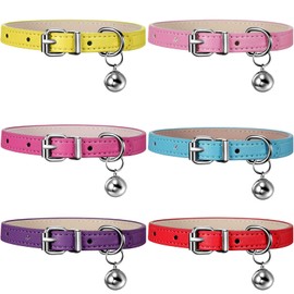 Weewooday 6 Pieces Leather Cat Collar with Bell Leather Kitten Collar Cat Collar for Boy Cats, Girl Cats with Safety Elastic Strap Cute Pet Collars for Small Cat Kitten Puppy(Classic Color)