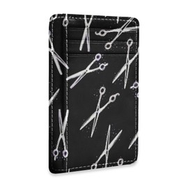 Hairdressing Scissors Seamless On Black Slim Minimalist Wallet, Front Pocket RFID Blocking Leather Credit Card Holder, Case Protector Covers for Men Women