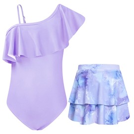 JiAmy Girls Swimming Costume One Piece Swimsuits One Shoulder Ruffle with Skirt UV Sun Protection Bathing Suit Floral Girls Swimwear 7-8 Years Purple