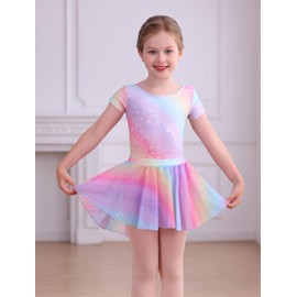 MdnMd Ballet Leotardss for Girls Skirt Combo Dance Dresses Toddler Outfit Ballerina Removable Rainbow Star with Short Sleeve(Rainbow-Star, 10-12 Years)