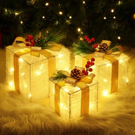 Set of 3 Lighted Boxes, Elegear 60 LED Light Up Christmas Decoration Boxes, 8 Modes & Timer Function Prelit Present Box Decorations for Outdoor Indoor Christmas Tree Yard Home Decor
