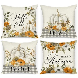 Benjia 45x45 Autumn Cushion Covers Set of 4, HELLO Autumn Pumpkin Decorative Holiday 18 x 18 Inch Fall Throw Pillow Covers Thanksgiving Pillow Case for Indoor Home Bedroom Sofa Decor 45 x 45 cm Grey