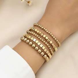 5PCS Gold Beaded Bracelets for Women Gold Stack Bracelets Gold Beaded Ball Bracelet Stretchable Elastic Bohemian Bracelet Trendy Bracelets for Women 2024