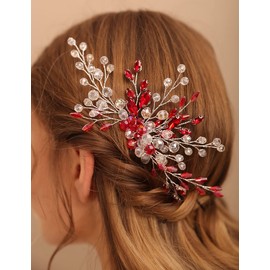 Jumwrit Bridal Hair Comb Red Rhinestone Crystal Wedding Hairpiece for Bride Bridesmaid Dainty Bridal Hair Accessories for Women Girls