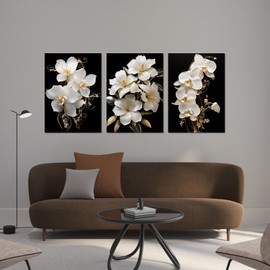 3PCS Orchid Canvas Art Flower Wall Decor Framed White Gold Floral Pictures Modern Painting Prints for Home Living Room Bedroom Ready to Hang - 11.00"x14.00"x3P