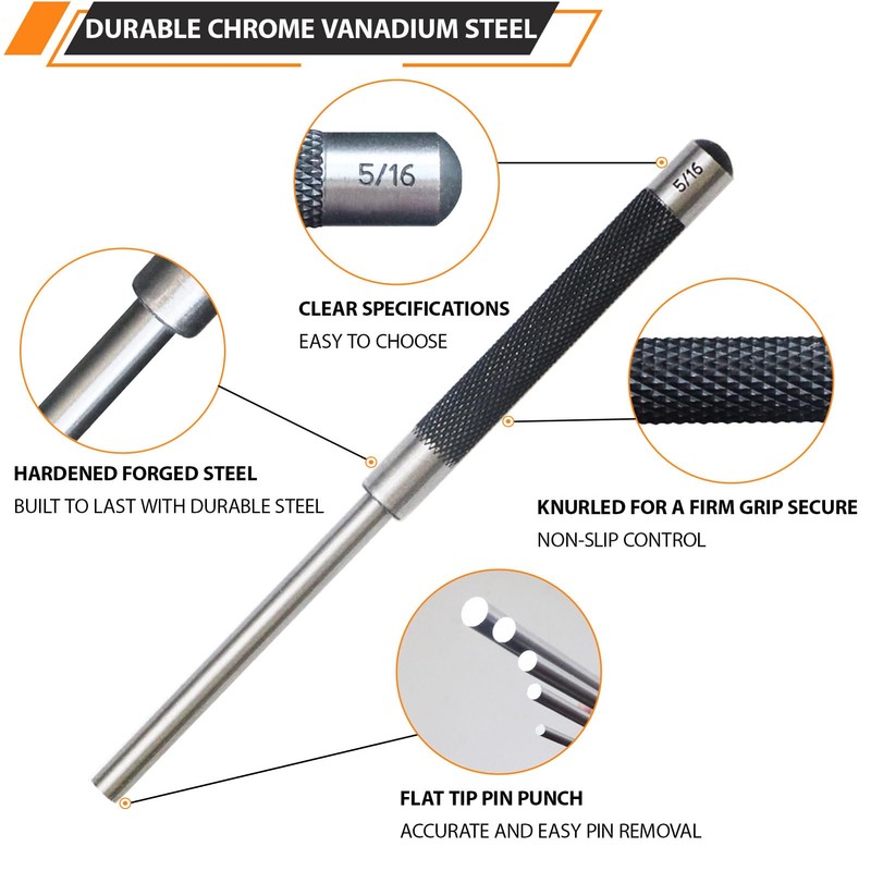 WHLLING 5-Piece Roll Pin Punch Set, 8-Inch Carbon Steel Pin