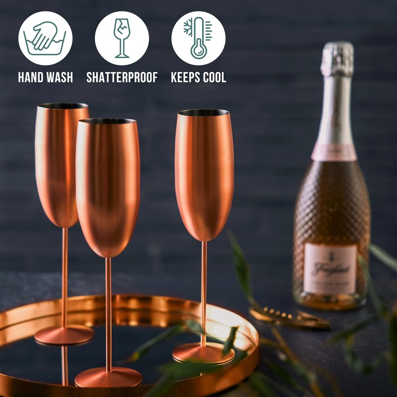 Oak & Steel - 8 Stainless Steel Champagne Flutes with