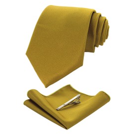 Jemygins Men’s Wedding Ties and Handkerchiefs - Plain Set with Tie Clip - Various Colours - yellow, size: m