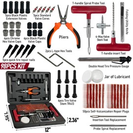 Socpuro 98Pcs Tire Repair Kit with Plugs, Heavy Duty Tire Patch Kit to Fix Plug Flats, Universal Tubeless Tire Puncture Change Tools for Car Motorcycle Truck ATV Trailer RV Tractor