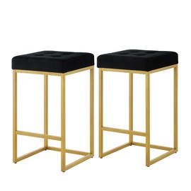 24KF Contemporary Counter Height Bar Stool Set of 2 for Kitchen Island, 26" H Velvet Padded Gold Barstool Bar Chair,5066-Black