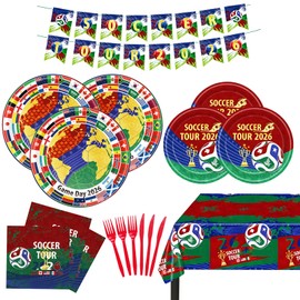 117 PCS World Cup 2026 Soccer Party Decorations Kit, Football Theme Birthday Decorations with Plates, Napkins, Knives, Forks, Tablecloth, Pennants for Game Day, Soccer Party Supplies Serves 20