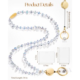 Crystal Flat Round Beaded Lanyard for ID Badges Women - Clear Iridescent Badge Necklace with Card Holder & Breakaway Safety Clasp for Name Tags, Keys, Teacher, Nurse