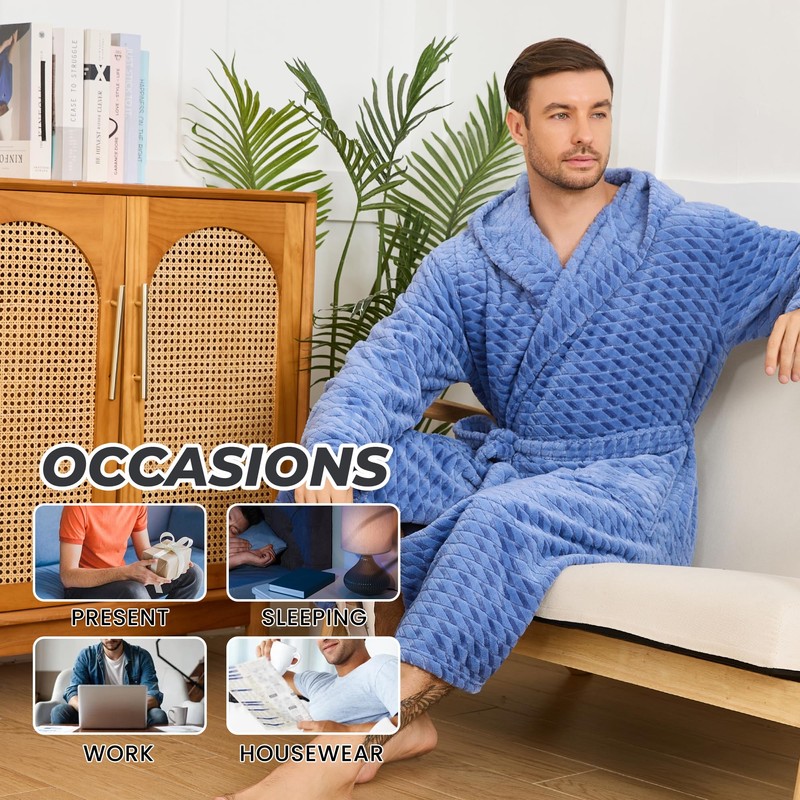 U2SKIIN Mens Plush Fleece Hooded Robe, Soft Warm Long Bathrobe