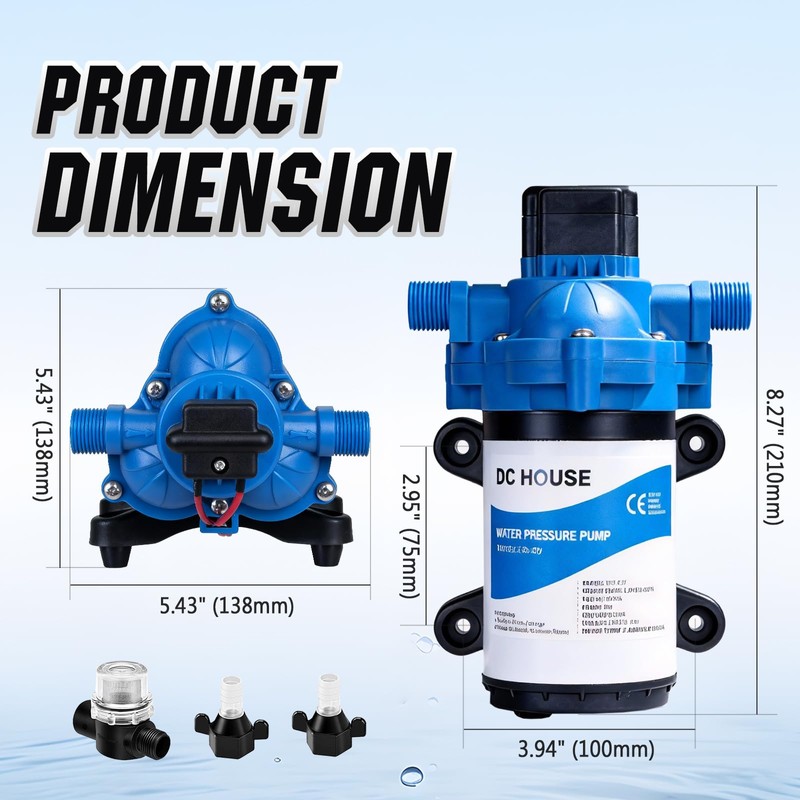 DC HOUSE 12V RV Water Diaphragm Pump Quiet Replacement, 3.5GPM