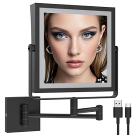 Ruacq Rechargeable Wall Mounted Makeup Mirror with Lights, Double Sided 1X/10X Magnifying Vanity Mirror with 3 Color Lighting, Touch Screen Dimmable, 360° Rotation Extension Foldable Arm(Matte Black)