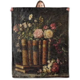 xmwjfd Vintage Books & Flowers Blanket, Cozy Plush Throw Blanket for Couch Bedroom Outdoor, Lightweight Soft Flannel Travel Blankets, Gifts for Women Adults Kids, Warm Decor 50"×60"
