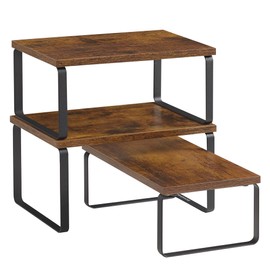 SONGMICS Cabinet Organizer Shelf, Set of 3 Kitchen Counter Shelves, Kitchen Storage, Spice Rack, Stackable, Expandable, Rustic Brown and Matte Black UKCS220K02