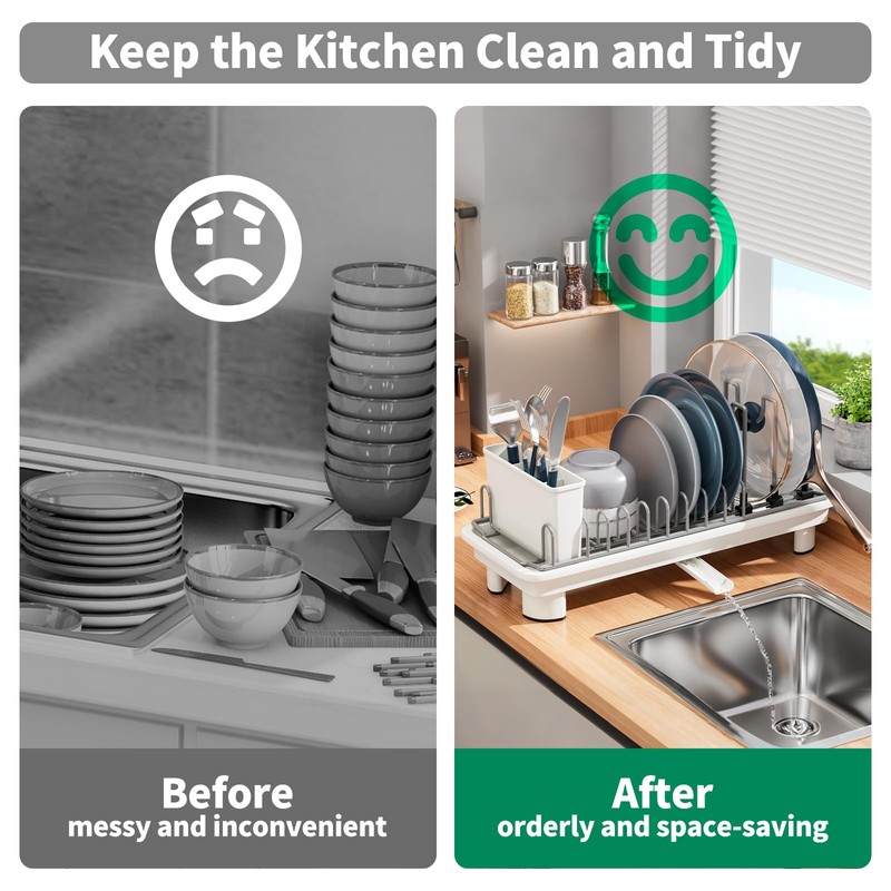 SanDream Small Dish Drying Rack with Removable Utensil Holder &