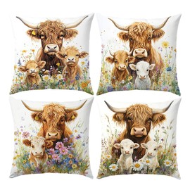 SEVENWELL Highland Cow Cushion Cover 40x40cm Set of 4 Scottish Cow Pillow Cover for Women Pillow Cover Animal Outdoor Flower Throw Pillow Case Decor Home Livingroom Couch Sofa