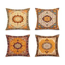 Jartinle Persian Medallion Throw Pillow Covers 18x18 Set of 4 Retro Boho Floral Ethnic Pillow Covers for Outdoor Sofa Couch Hippie Home Decor