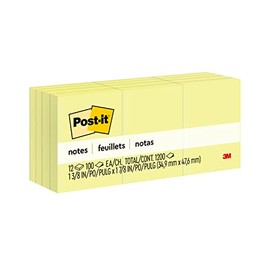 3M Post-it notas amarillo canario de 3.50 cm x 4.76cm, 12 blocs con 100 hojas c/u