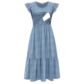 CzzzyL Nursing Dress Breastfeeding Women's Fashion Smocked Bodice Ruffle A Line Latched Mama Midi with Pockets(FloralBlue,Small)