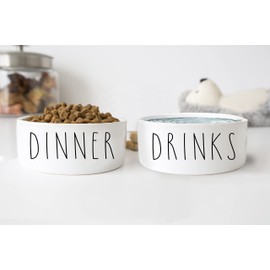 Dinner And Drinks Funny Farmhouse Ceramic Pet Food Bowls Set (Small)