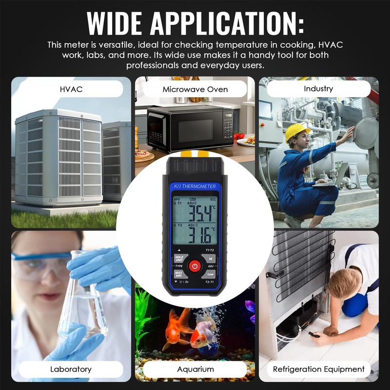 Thermocouple Thermometer with 4 K-Type Thermocouples, Digital Dual-Channel K/J Type