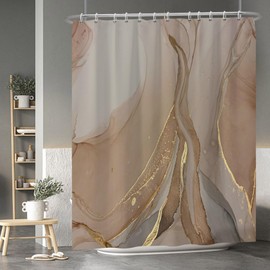 Baocicoo Brown Gold Marble Shower Curtain Set Golden Cracked Lines Modern Shower Curtains for Bathroom Living Room Decor Polyester Durable Waterproof Curtain for Bathroom with Hooks 72x84 Inches