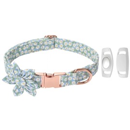 Dog Collar Female Flower with Buckle，Adjustable Girl Soft Collars Foral Bow Tie, with Airtag Holder Case Removable for Small Medium Large Dogs (L, Light Blue Flower)