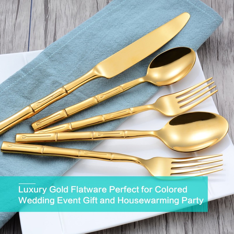 Flatasy Flatware Set Gold Silverware Set with Bamboo Pattern Mirror
