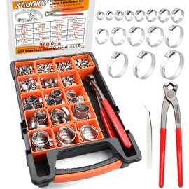 360Pcs 16 Sizes 304 Stainless Steel Stepless Single Ear Hose Clamp Assortment Kit,Adjustable 5.3-36.1mm,with Ear Clamp Pincer Tool,for Fuel Line,Automotive,Industry,Home Pipeline