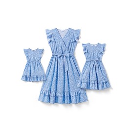 PATPAT Mommy and Me Dresses Matching Set Ruffle Flutter Short Sleeve Blue Polka Dot Dress Mom and Baby Girl Matching Outfits Boho Casual Midi Romper Dresses for Baby Girl 12-18 Months