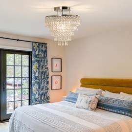 FRIXCHUR 11.8" Crystal Chandelier Chrome Flush Mount Ceiling Light 5 Tiers Raindrops Silver Chandeliers for Bedroom Hallway Living Room,E26 Base